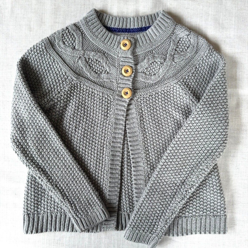 Mini Boden Kids Gray Cable Knit Yoke Cardigan Sweater 9-10Y 3-Button Gray